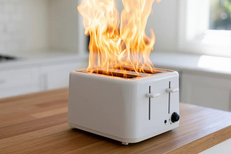White toaster on fire on wooden kitchen counter