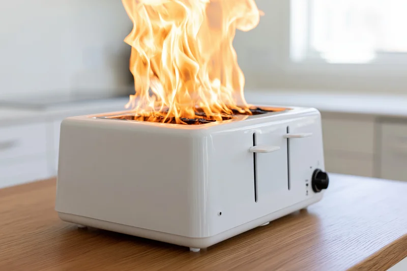 White toaster on wooden kitchen counter with flames erupting from slots