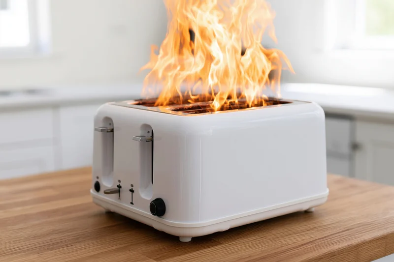 White toaster on wooden kitchen counter with flames erupting from slots