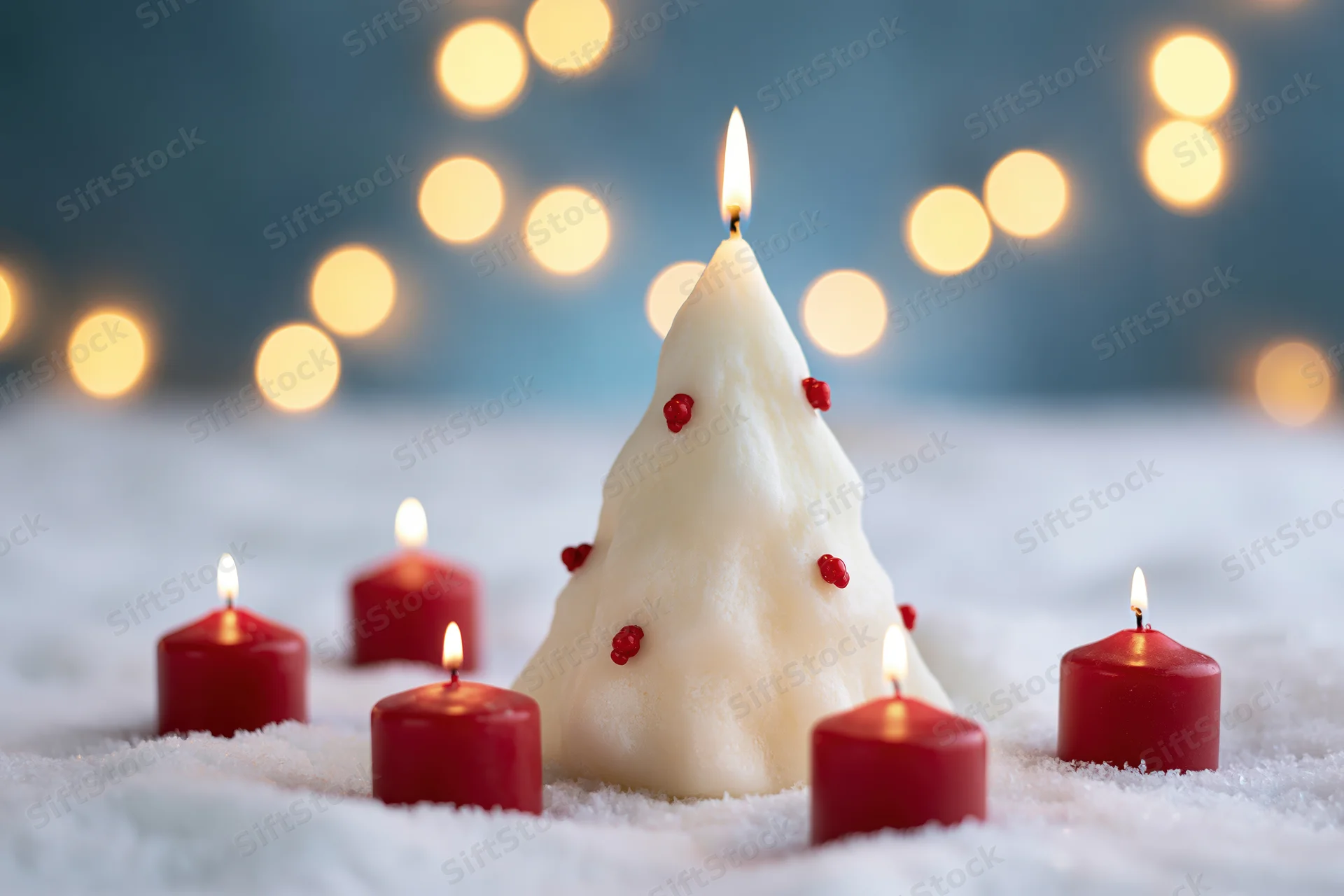 White wax christmas tree candle with red beads lit in snow surrounded by small red candles with blurred lights in background