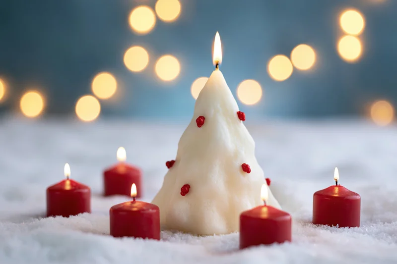 White wax christmas tree candle with red beads lit in snow surrounded by small red candles with blurred lights in background