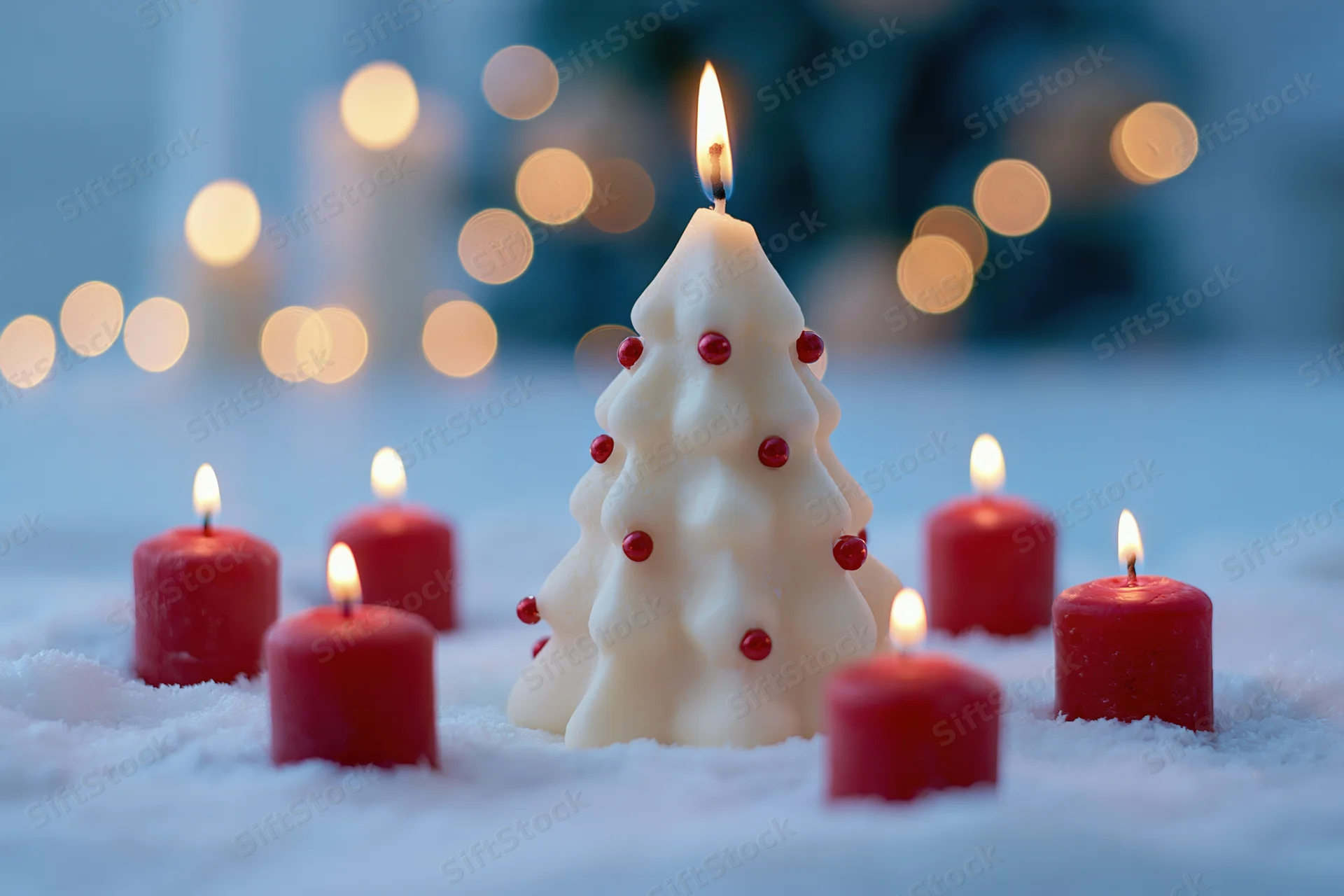 White wax christmas tree candle with red beads surrounded by red candles in snow