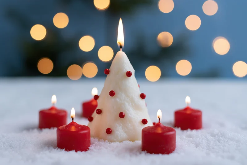 White wax christmas tree candle with red beads surrounded by lit red candles on snowy surface with blurred lights in background