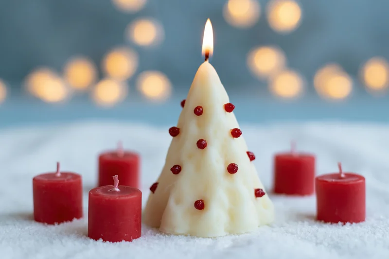 White wax christmas tree candle with red beads lit on snowy surface surrounded by red candles with blurred lights in background