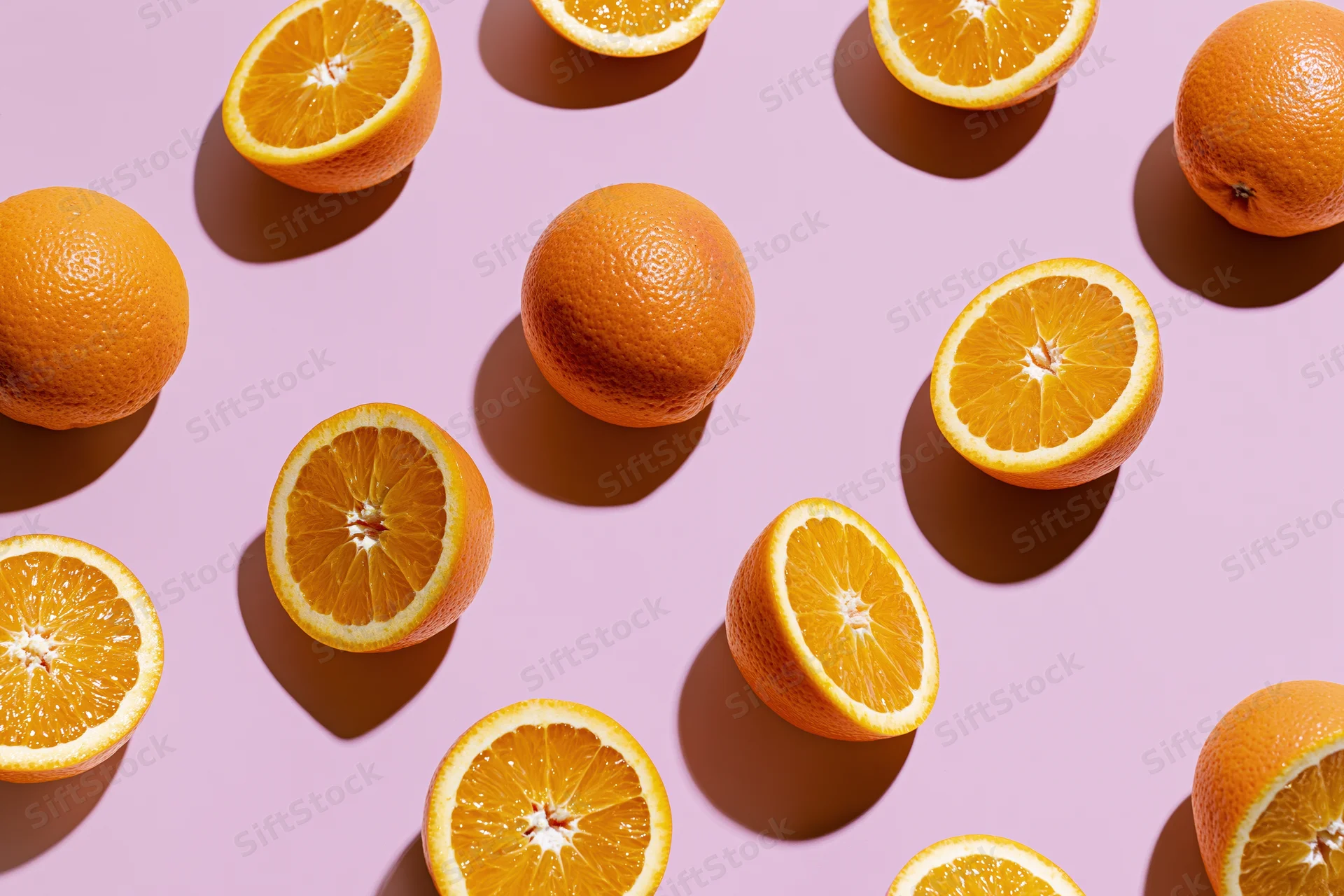 Whole and halved oranges arranged in a scattered pattern on a pink background