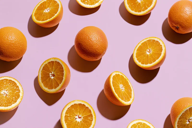 Whole and halved oranges arranged in a scattered pattern on a pink background