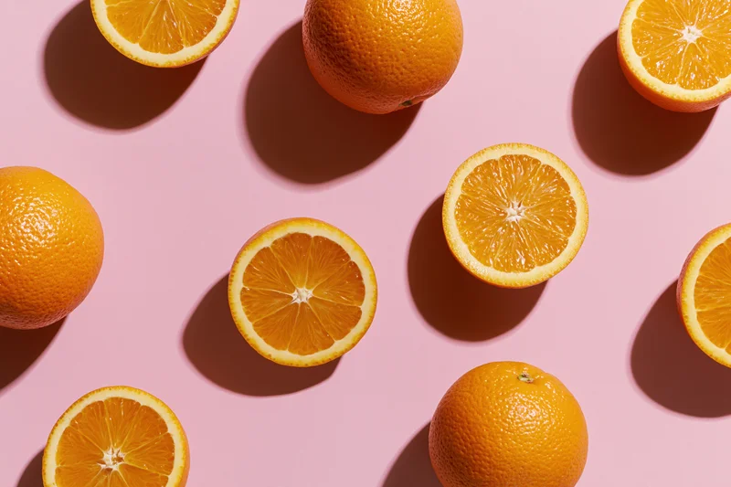 Whole and halved oranges arranged on a pink background in a flat lay composition