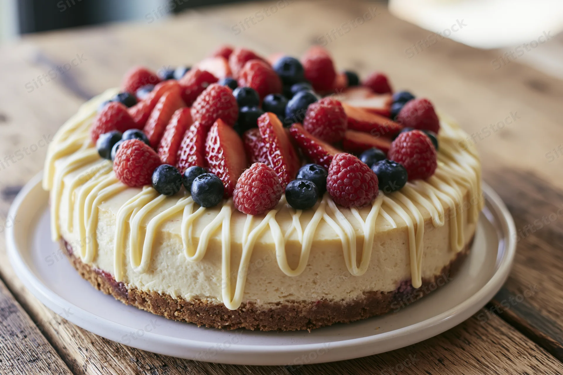 Cheesecake topped with strawberries raspberries and blueberries on a white plate on wooden table