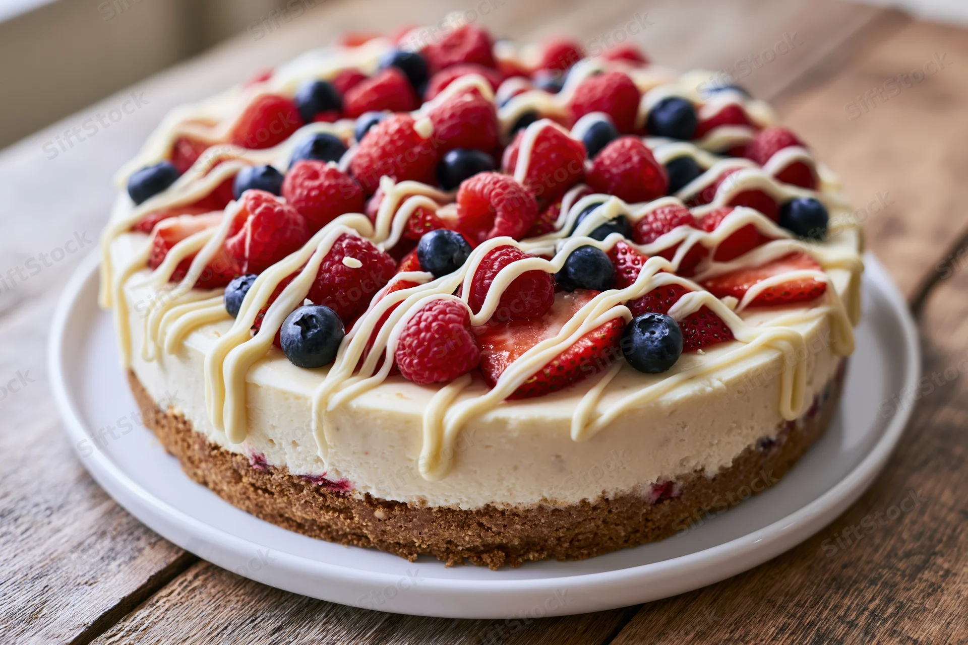 Cheesecake topped with strawberries raspberries and blueberries on a white plate on wooden table