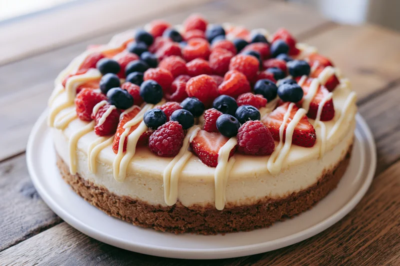 Whole cheesecake topped with fresh strawberries raspberries and blueberries on a white plate on wooden table