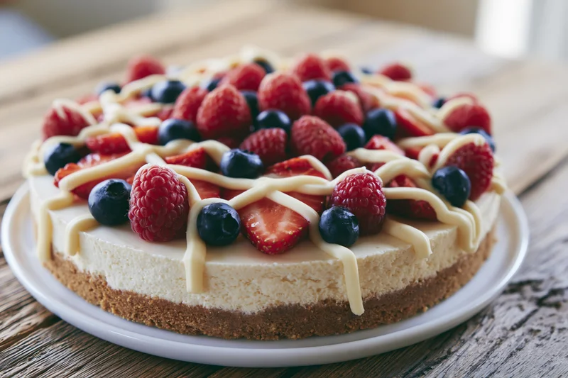 Cheesecake topped with strawberries raspberries blueberries and white icing drizzle on a white plate on wooden table