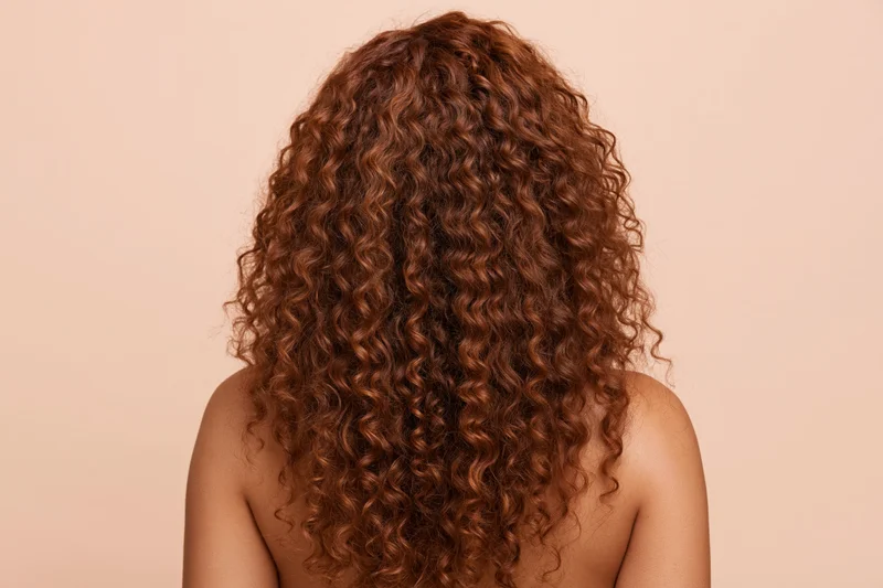 Woman seen from back with long voluminous auburn curly hair against beige background
