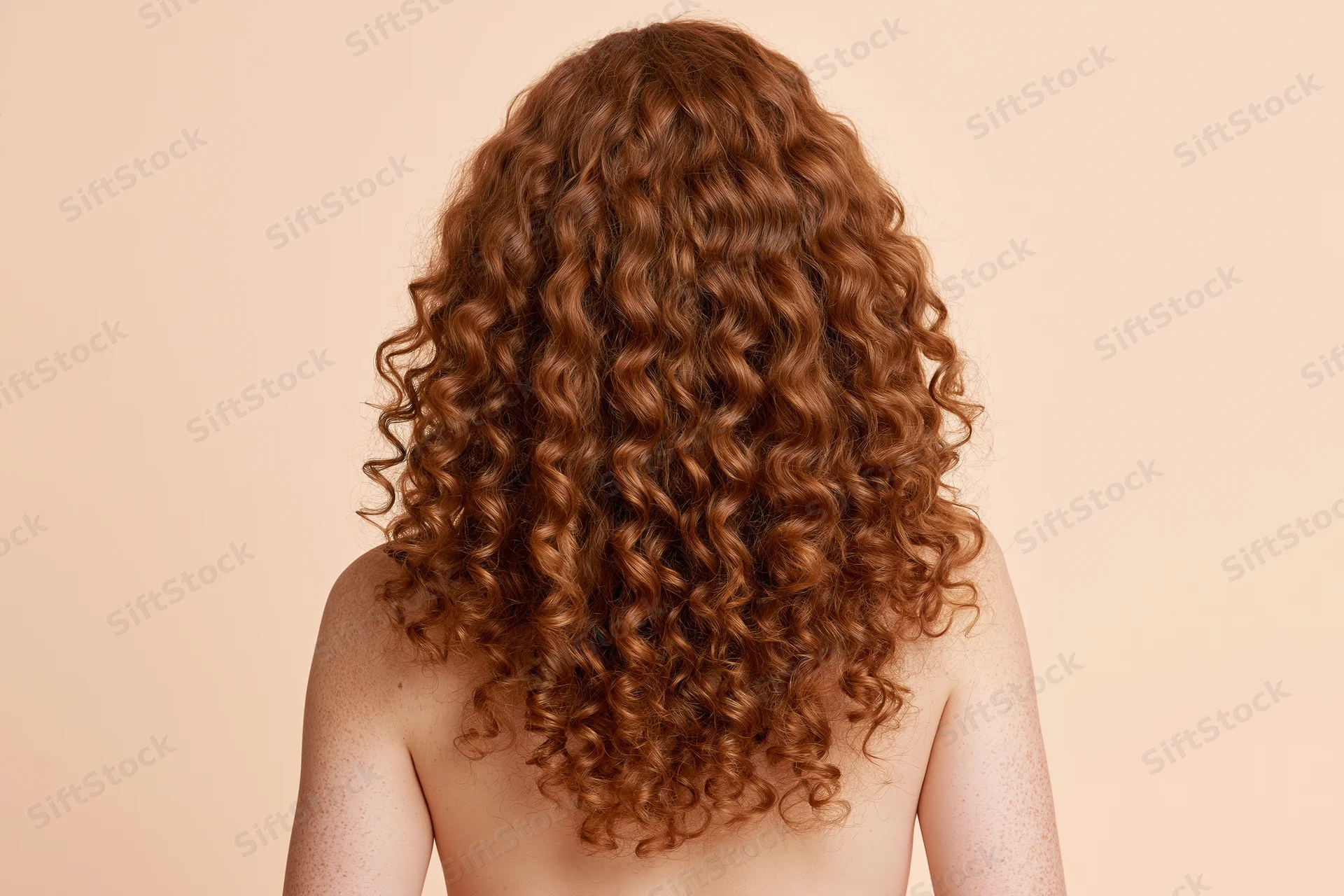 Woman seen from back with long voluminous auburn curly hair, bare shoulders, freckled skin against plain background