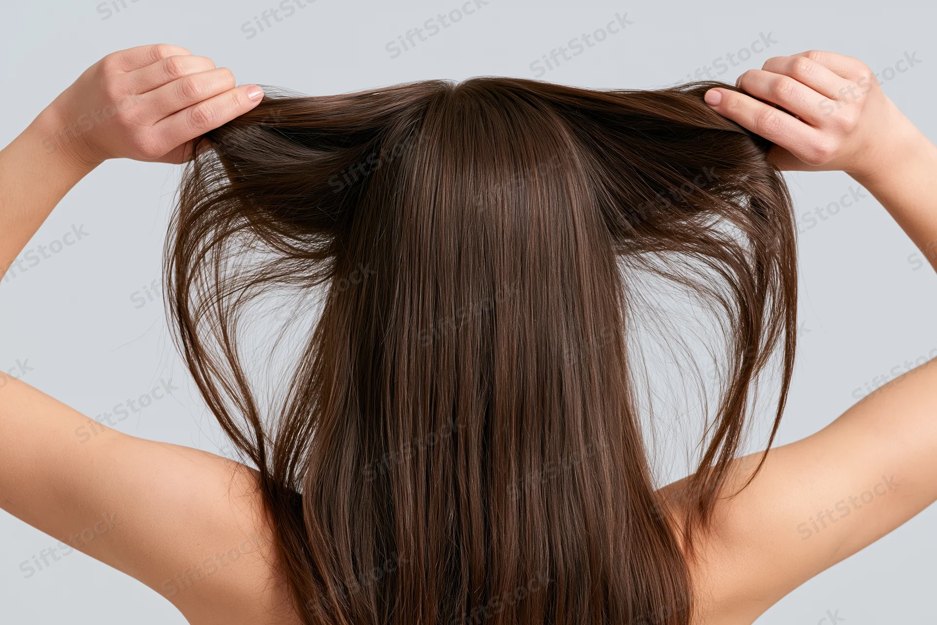 Woman from behind holding her long straight dark brown hair, backview, isolated on light gray background