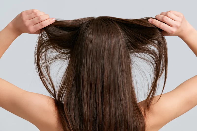 Woman from behind holding her long straight dark brown hair, backview, isolated on light gray background