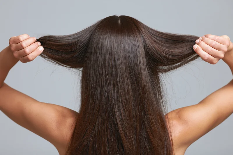 Woman from behind holding her long straight dark brown hair, backview against gray background