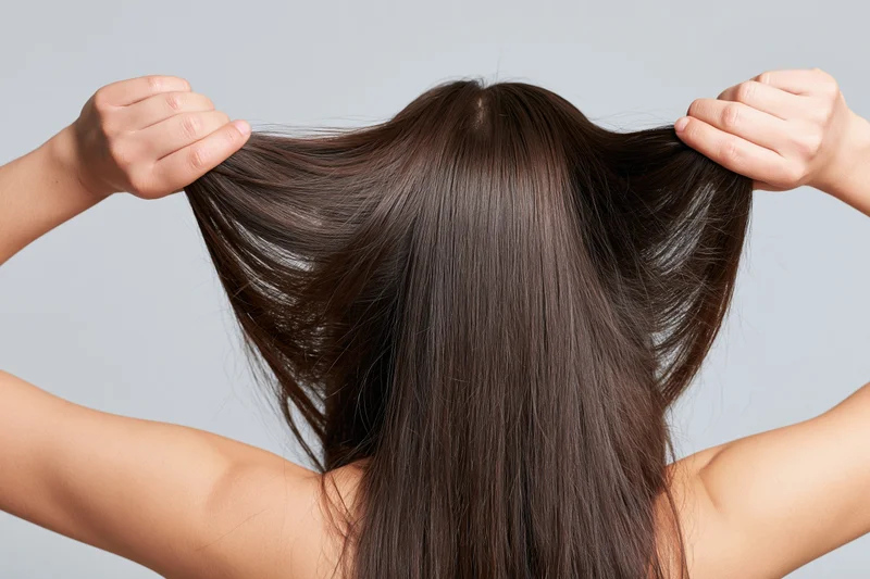 Woman from behind holding her long straight dark brown hair, back view in studio setting