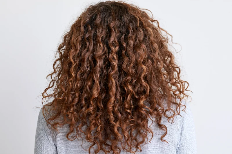 Woman seen from back with long voluminous curly brown hair filling frame