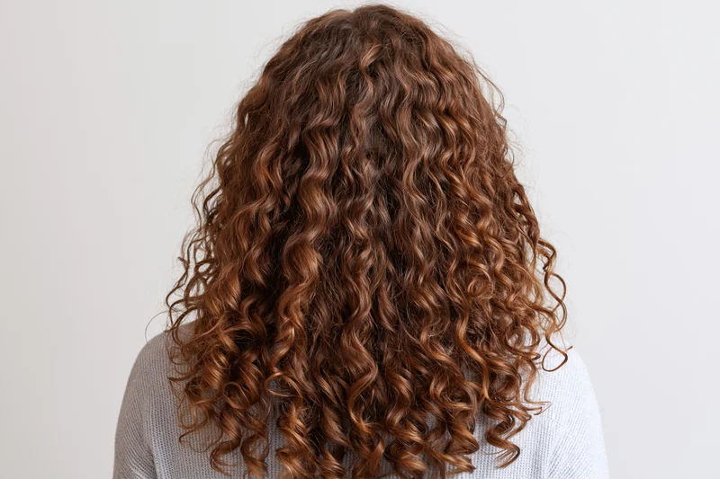Woman with long voluminous curly hair seen from back against white background