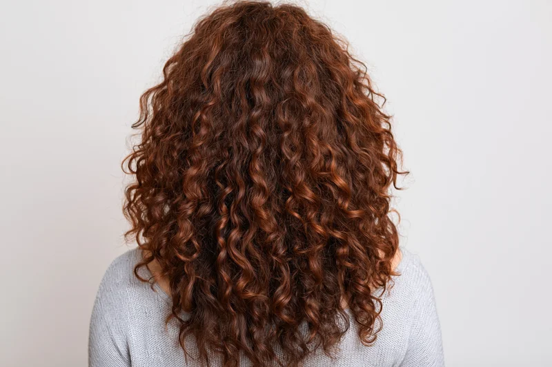 Woman seen from back with long voluminous curly brown hair filling frame