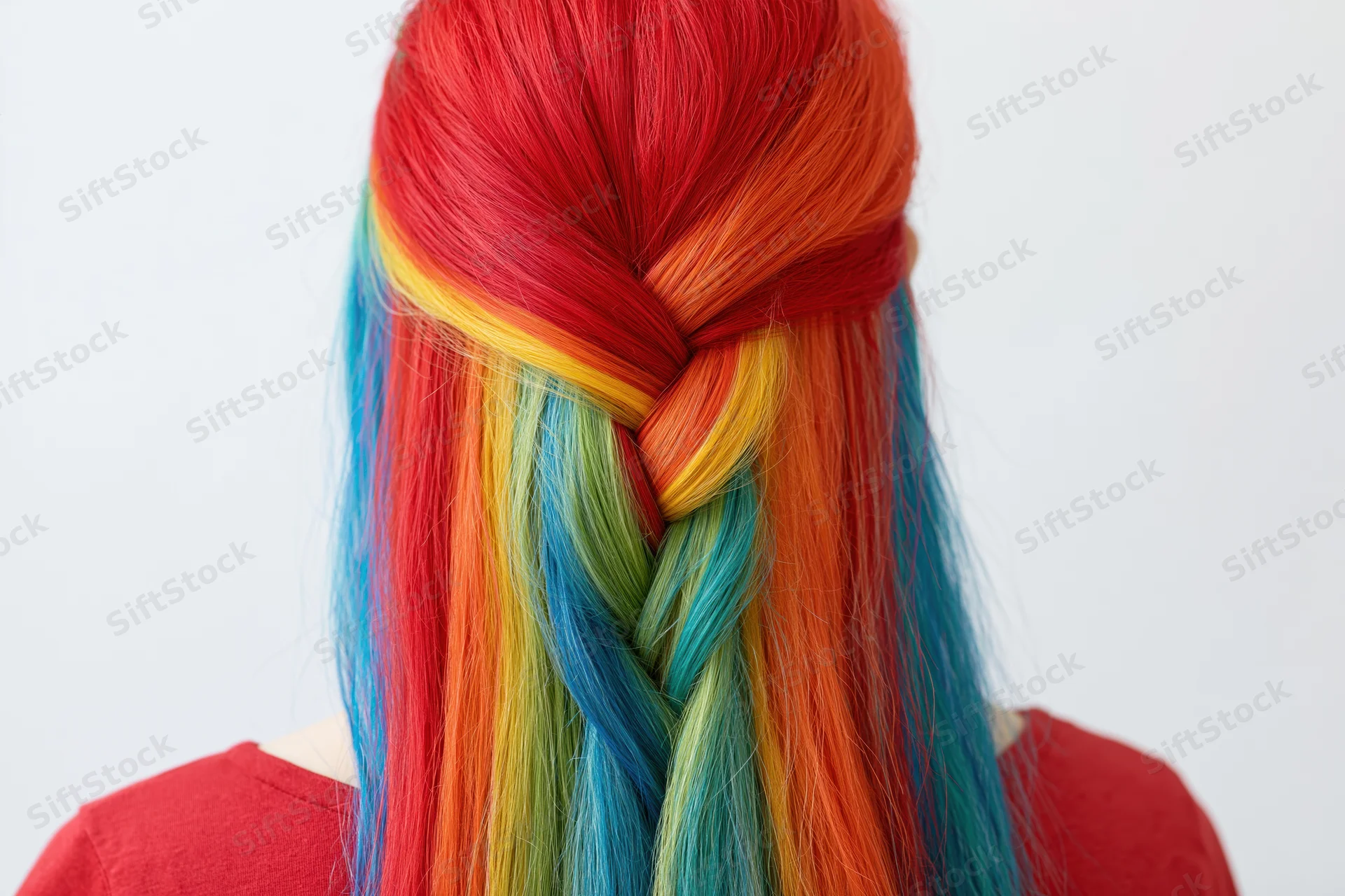 Woman with long rainbow-dyed hair styled in a braid seen from behind