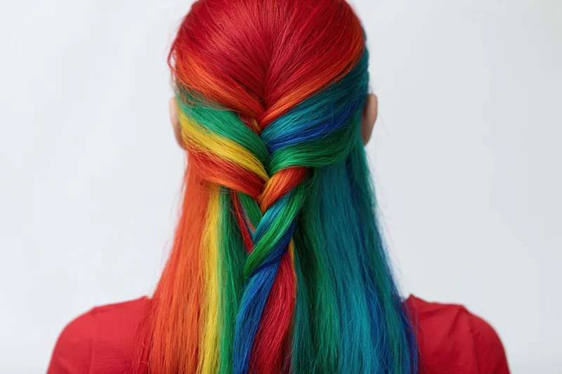 Woman with long rainbow-dyed hair styled in a braid seen from behind