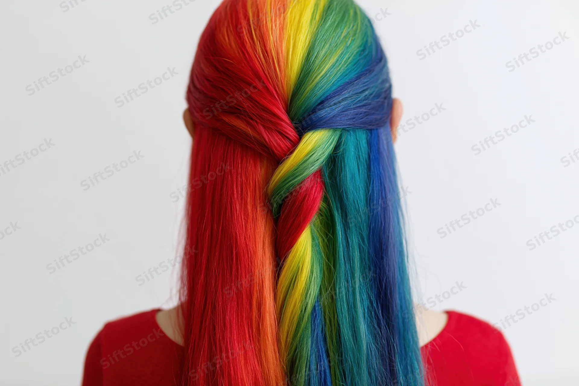 Woman with long rainbow-dyed hair styled in a braid, seen from behind