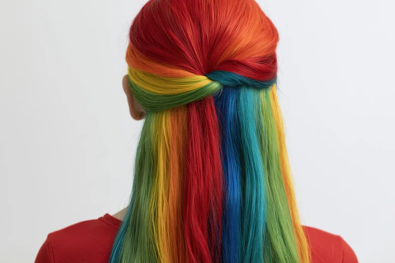 Woman with long rainbow-dyed hair twisted in a braid from behind