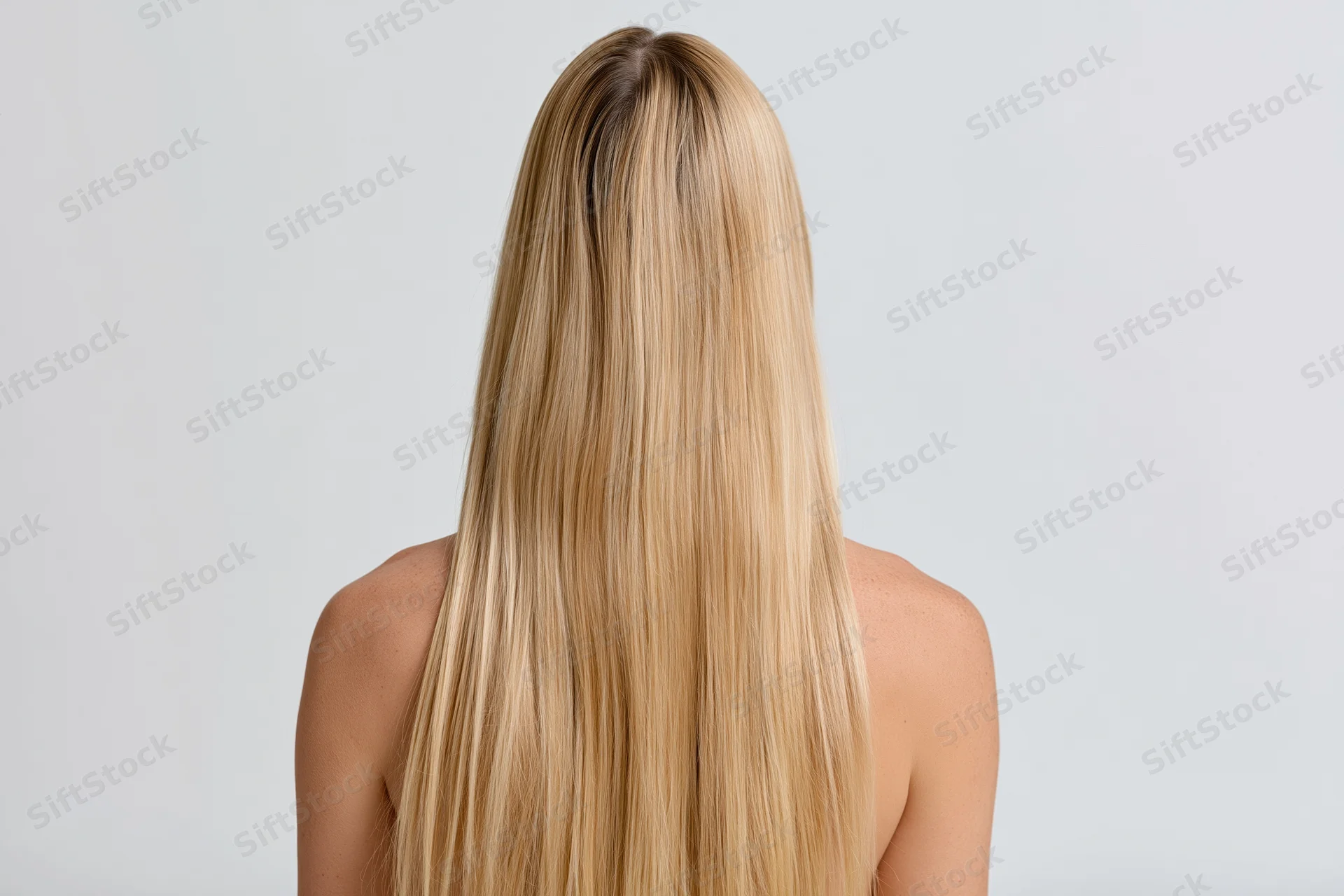 Woman seen from behind with long straight blonde hair falling down her back in a studio setting