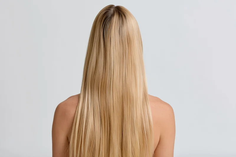 Woman seen from behind with long straight blonde hair falling down her back in a studio setting