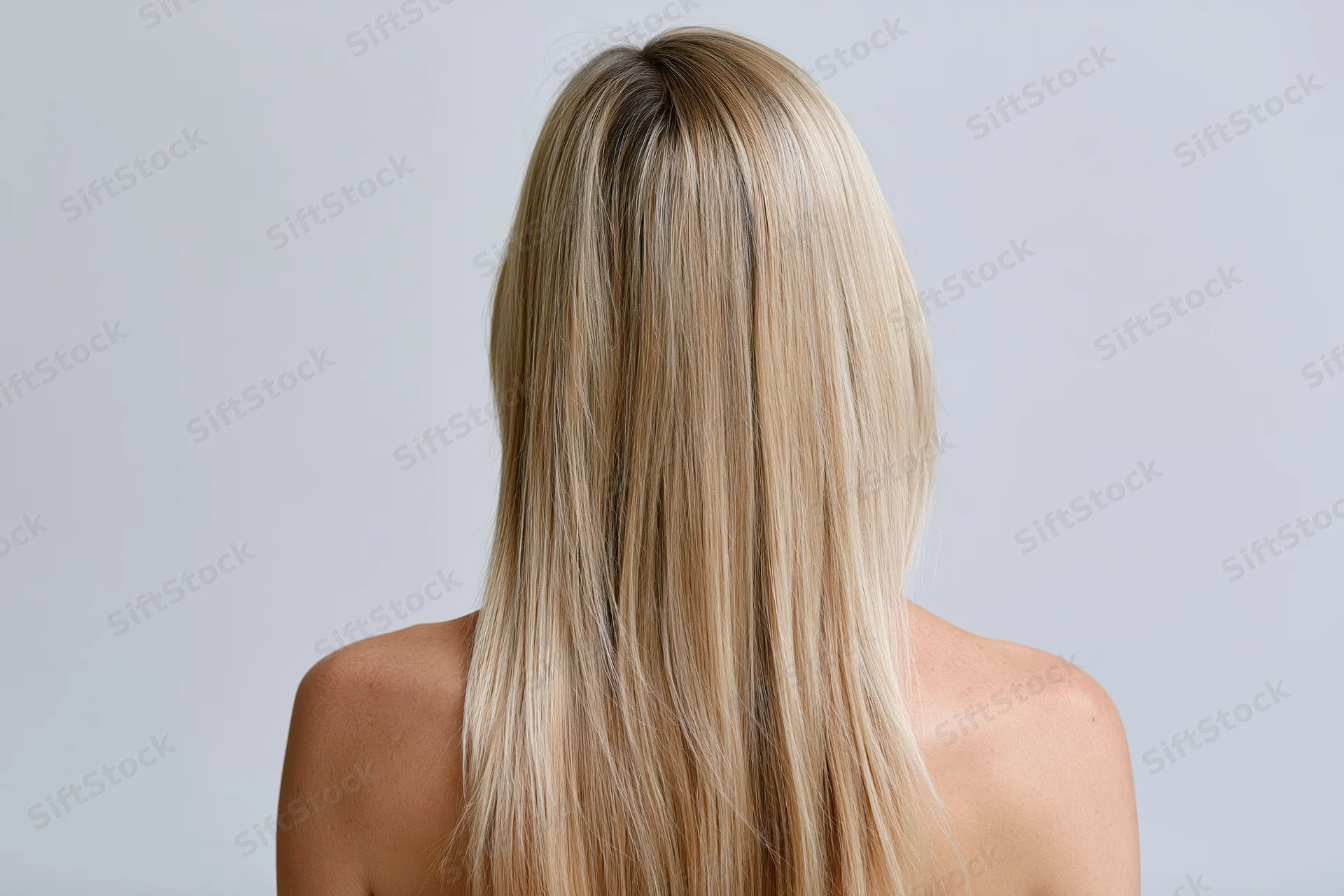 Woman seen from back with long straight blonde hair falling over shoulders in studio setting