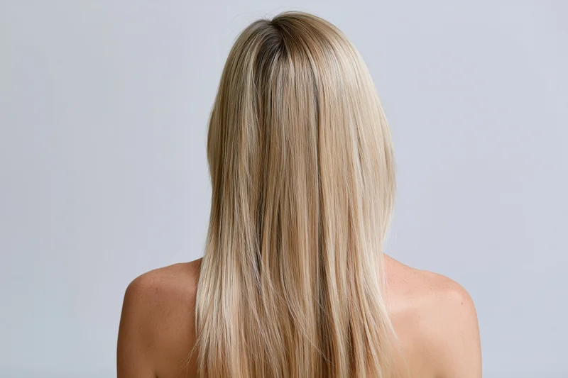 Woman seen from back with long straight blonde hair falling over shoulders in studio setting