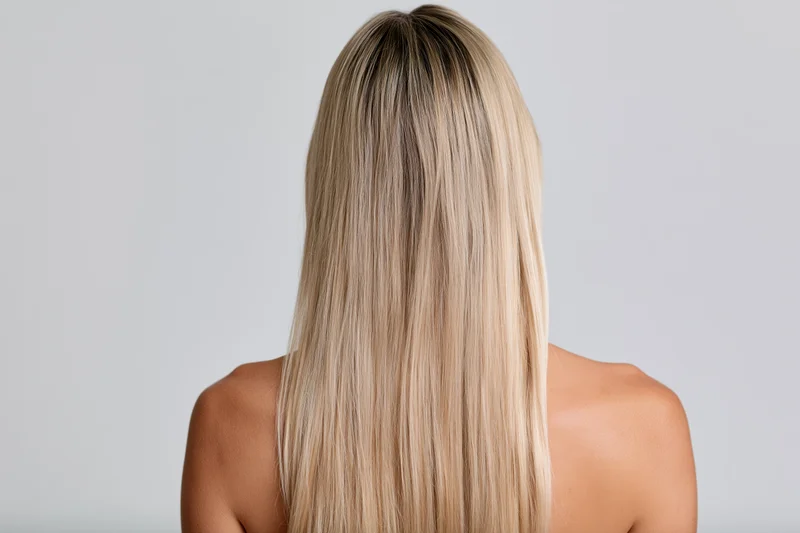 Woman seen from behind with long straight blonde hair falling over her shoulders