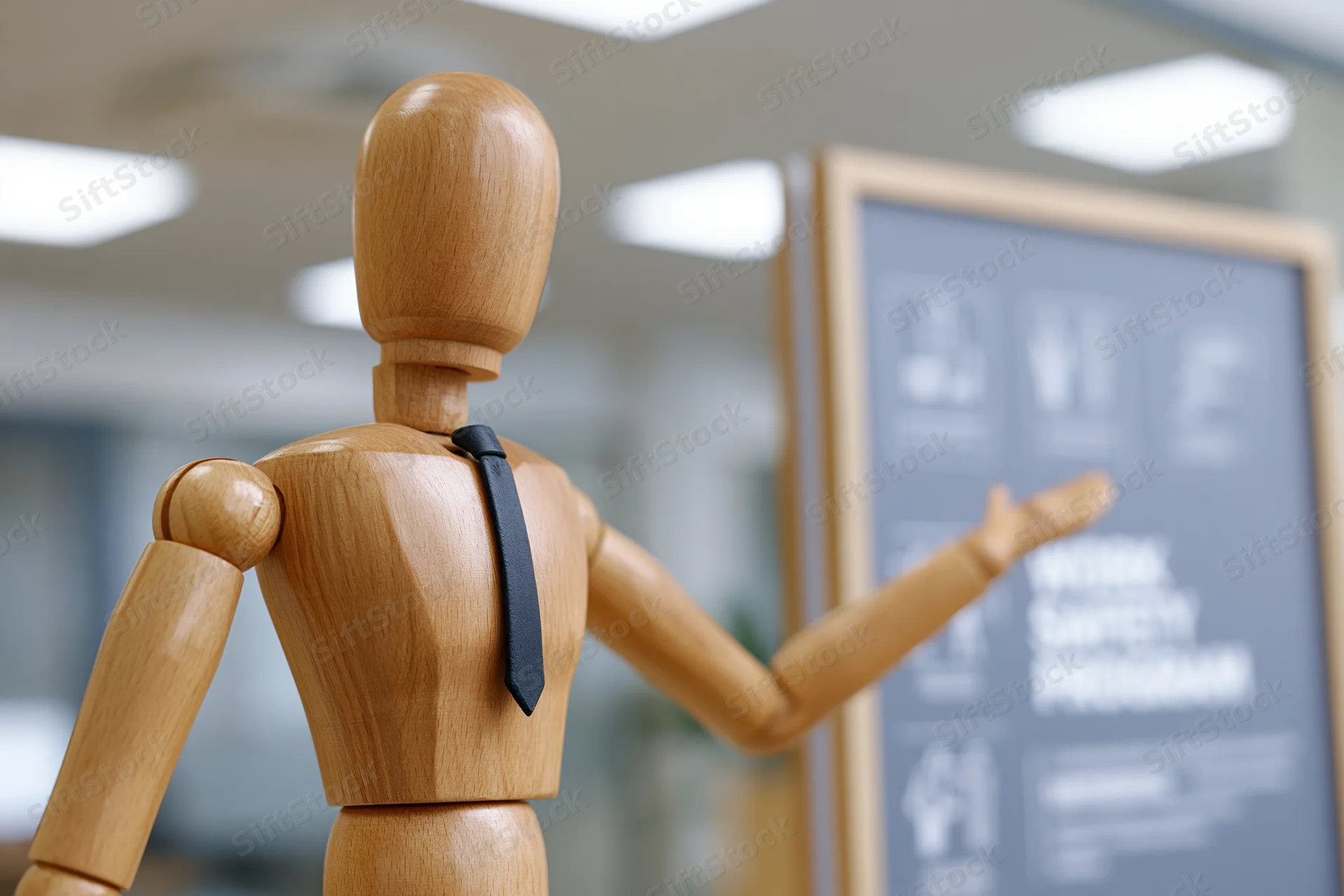 Wooden mannequin gesturing toward a presentation board in an office setting