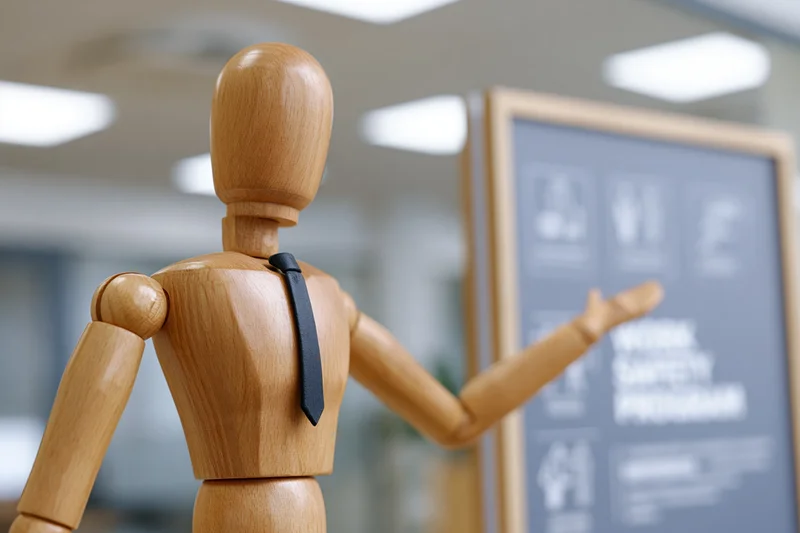 Wooden mannequin gesturing toward a presentation board in an office setting