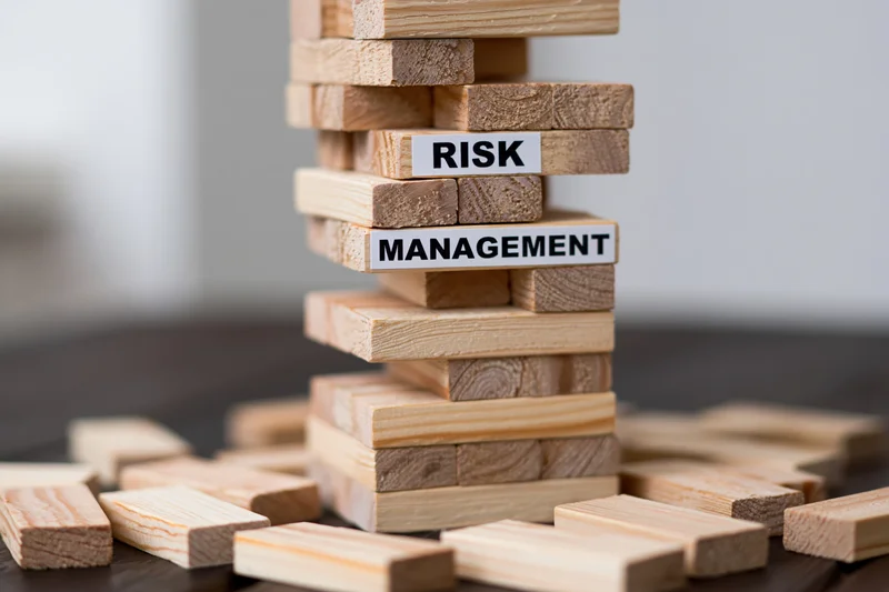 Wooden blocks stacked in a tower with risk and management labels on two pieces, surrounded by scattered blocks on a dark surface