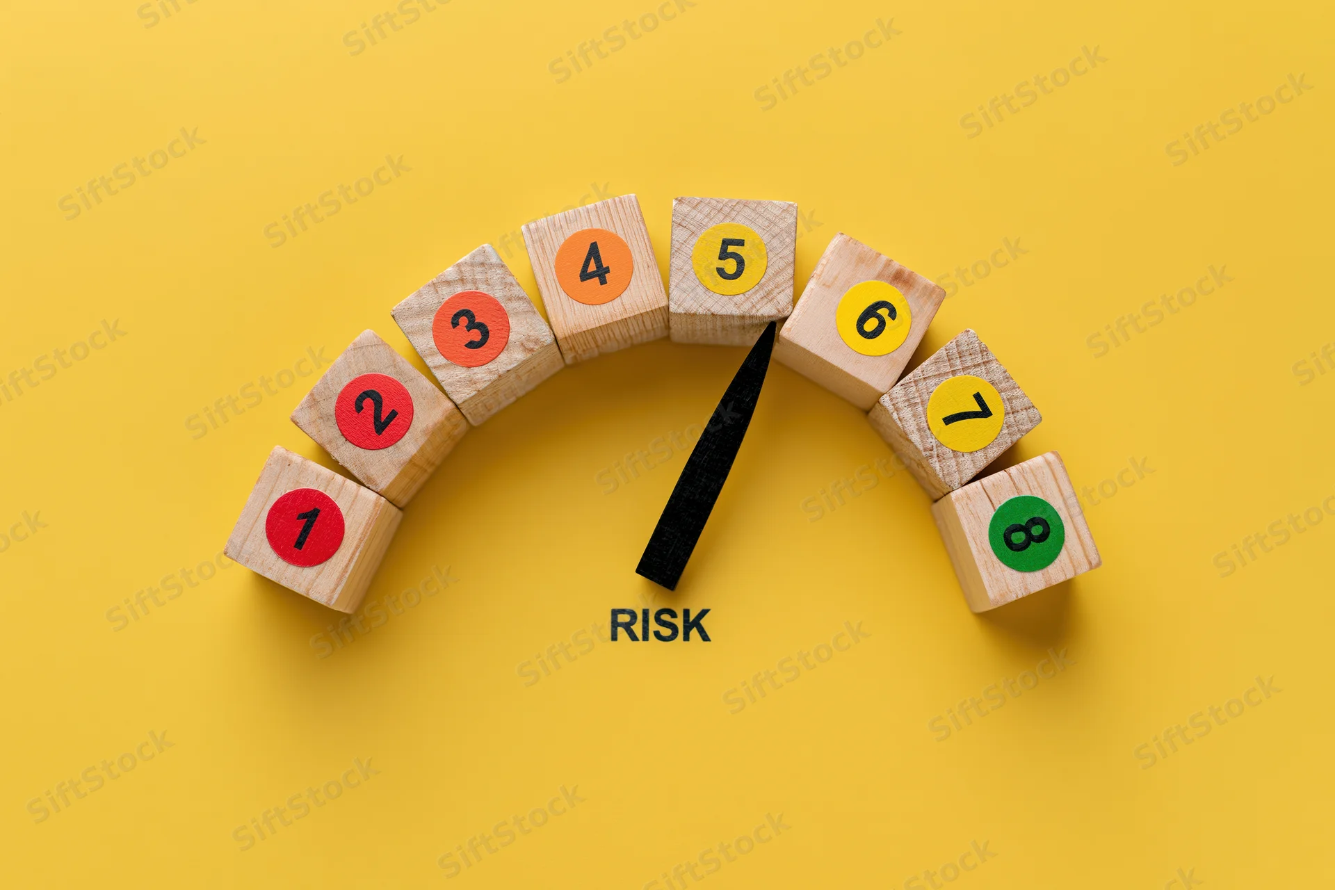 Wooden blocks arranged in semicircle with numbers and pointer indicating risk level on yellow background