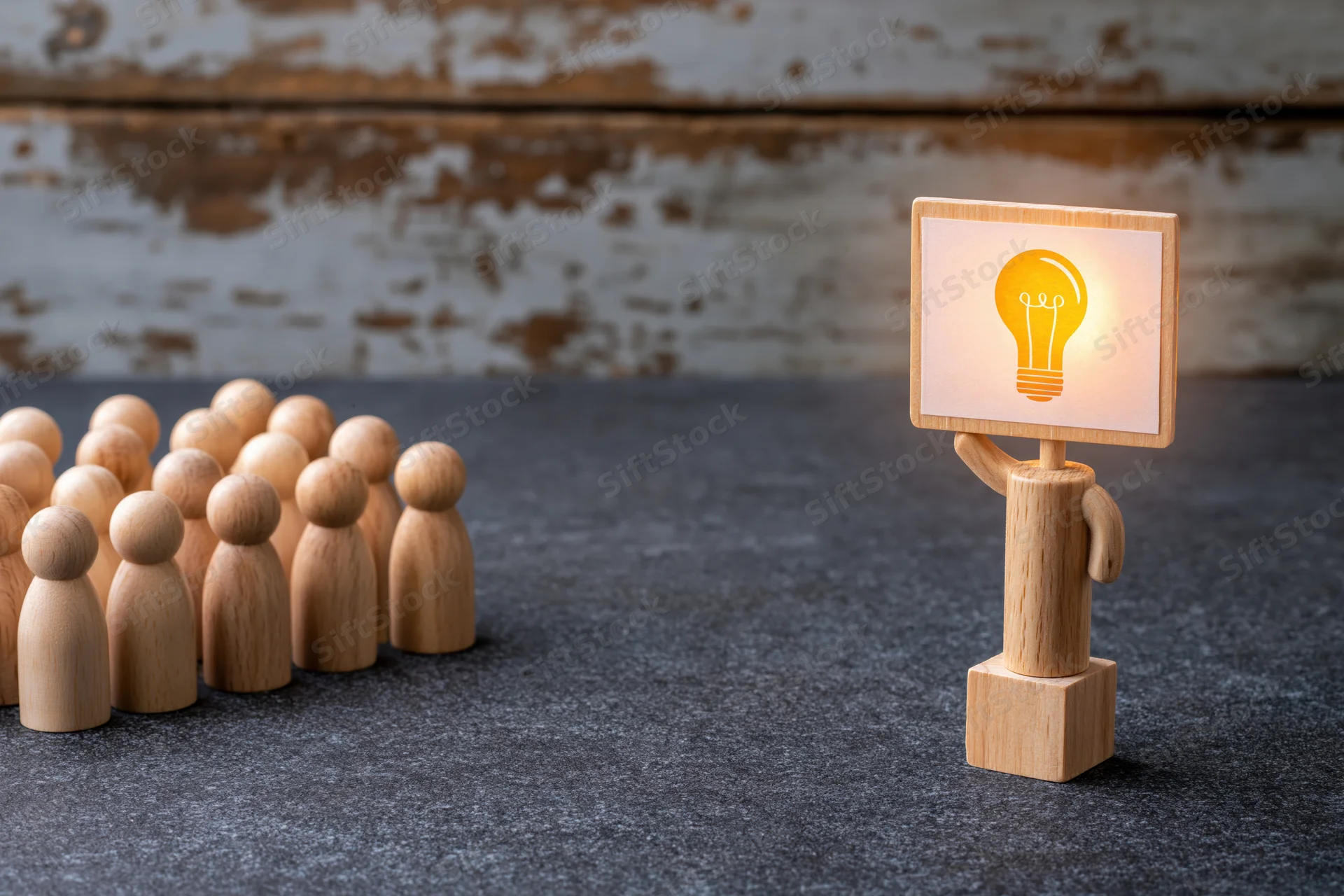 Wooden figurine holding illuminated lightbulb sign standing apart from a group on a gray surface