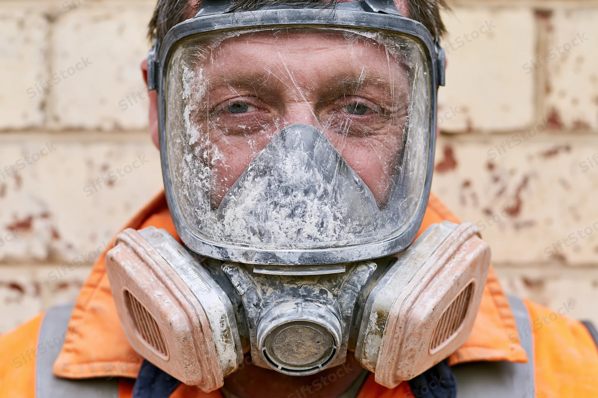 Worker wearing dusty full-face respirator with twin cartridges in front of brick wall