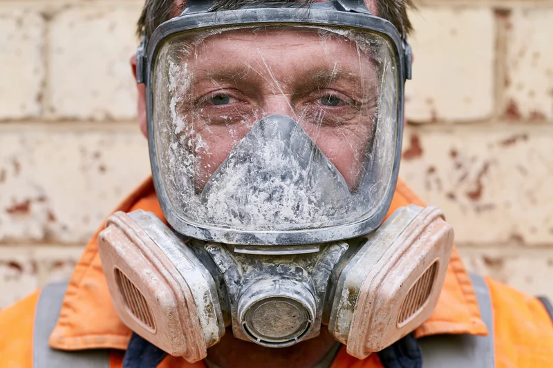 Worker wearing dusty full-face respirator with twin cartridges in front of brick wall