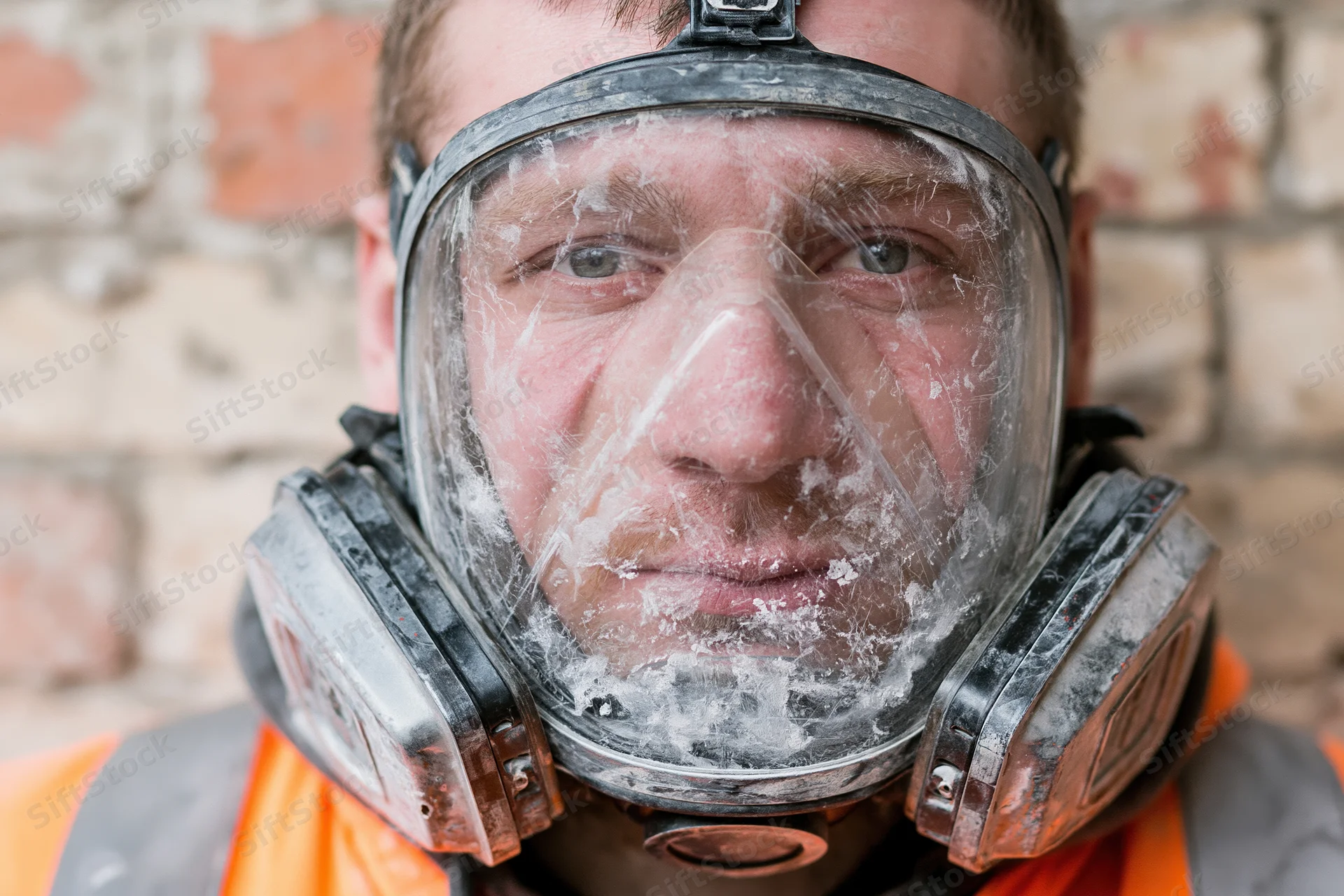 Worker wearing dusty full-face respirator with twin cartridges in front of brick wall