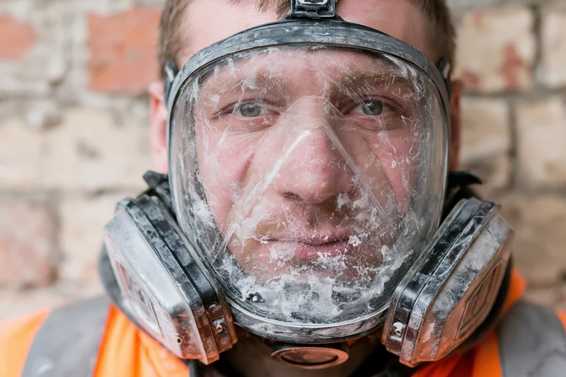 Worker wearing dusty full-face respirator with twin cartridges in front of brick wall