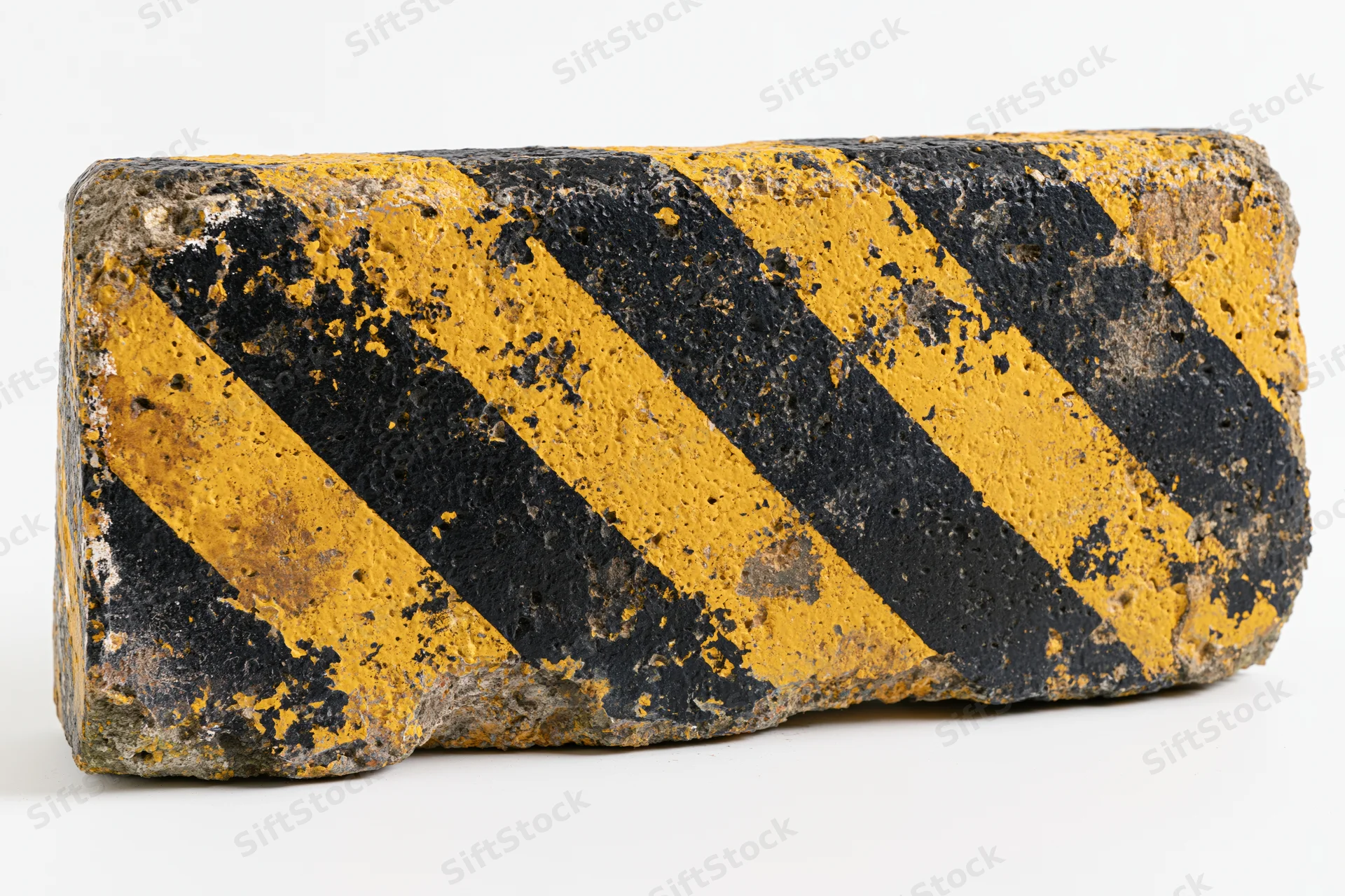 Worn concrete road barrier with diagonal yellow and black stripes on white background