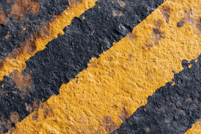 Diagonal yellow and black hazard stripes on a worn industrial metal surface with rust and peeling paint