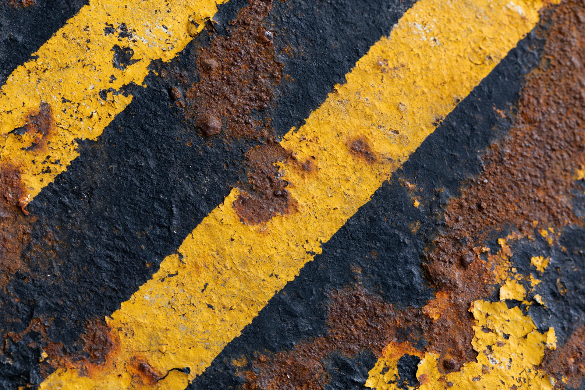 Diagonal yellow and black hazard stripes on a rusted metal surface
