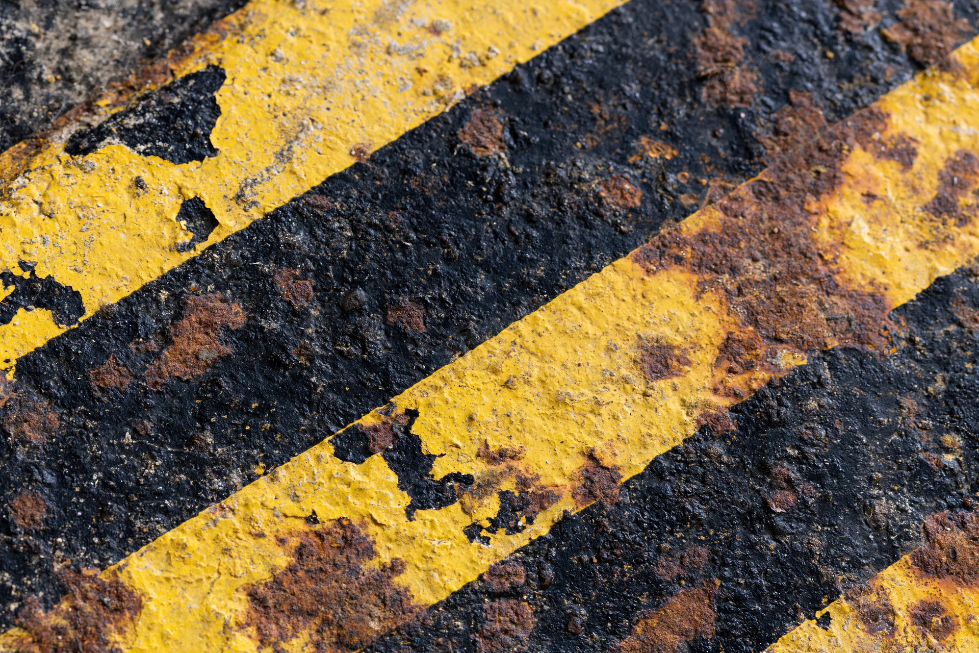 Diagonal yellow and black hazard stripes on a worn industrial metal surface with rust and peeling paint
