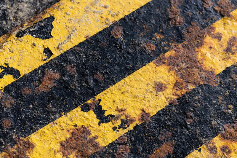 Diagonal yellow and black hazard stripes on a worn industrial metal surface with rust and peeling paint