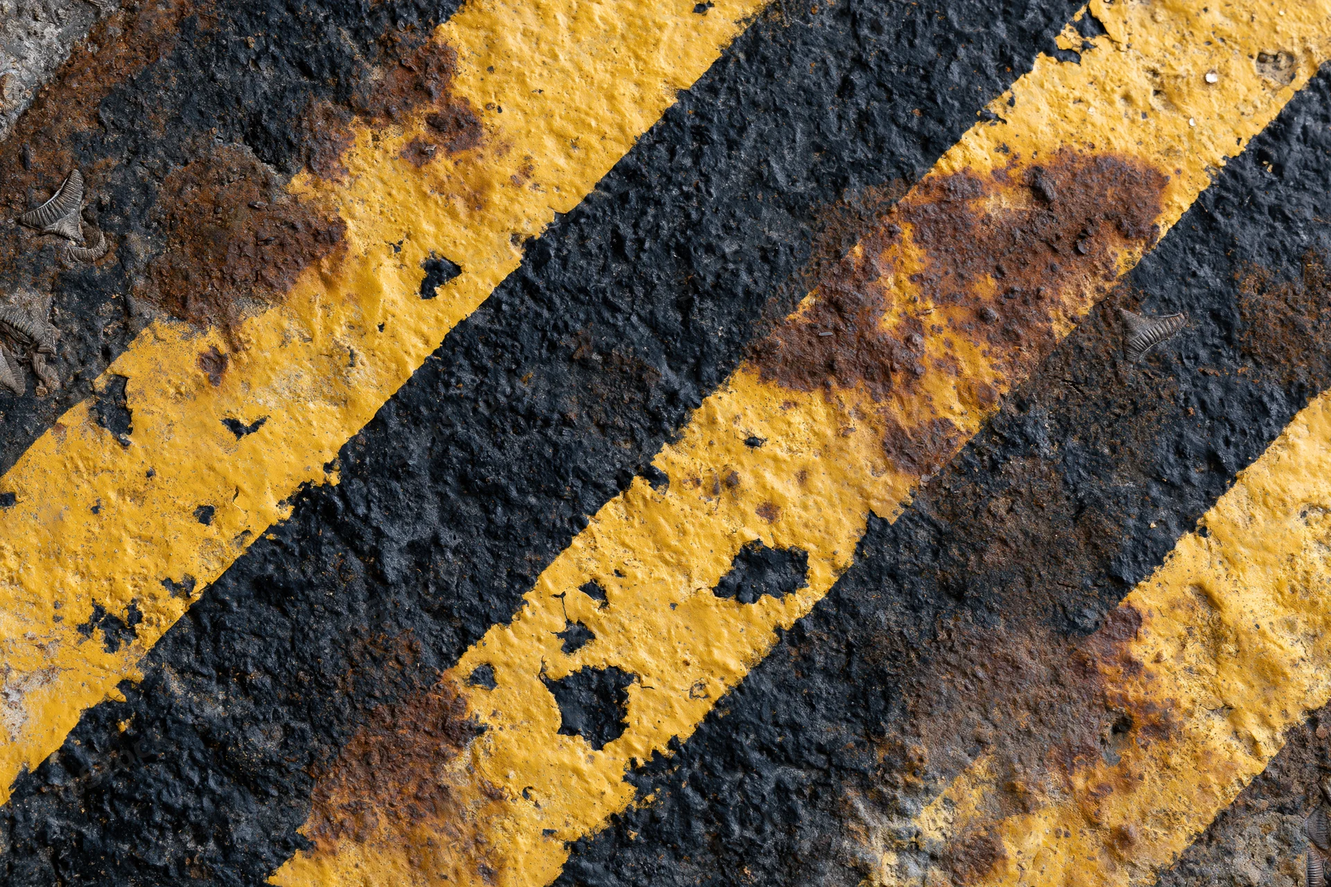 Diagonal yellow and black hazard stripes on a worn asphalt surface