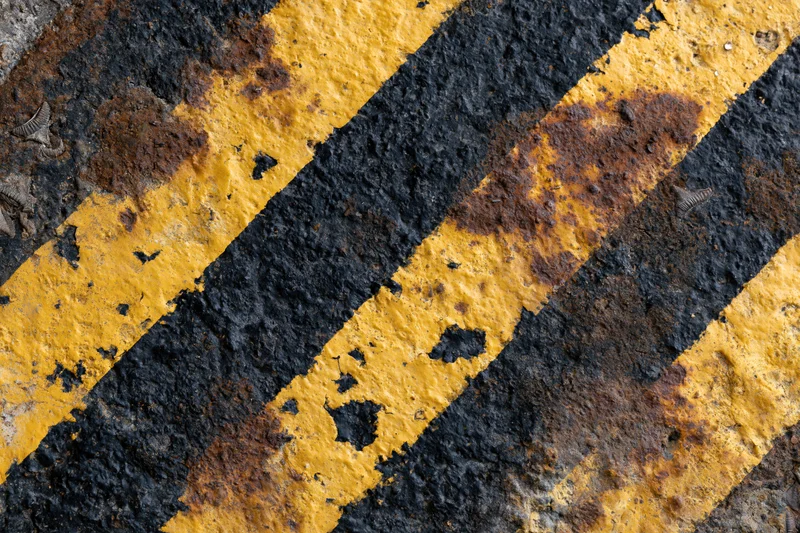 Diagonal yellow and black hazard stripes on a worn asphalt surface