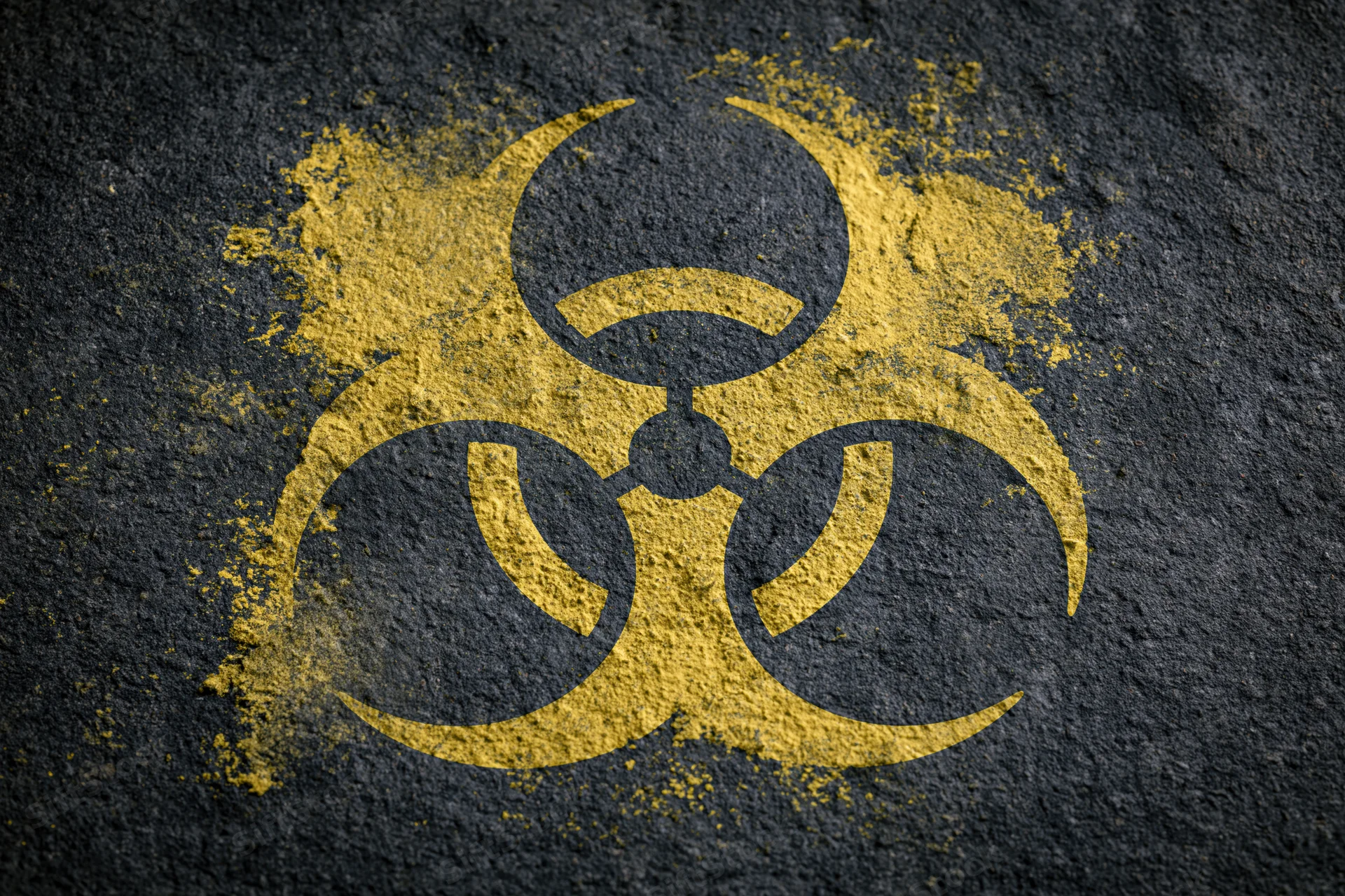 Yellow biohazard symbol painted on dark textured concrete surface